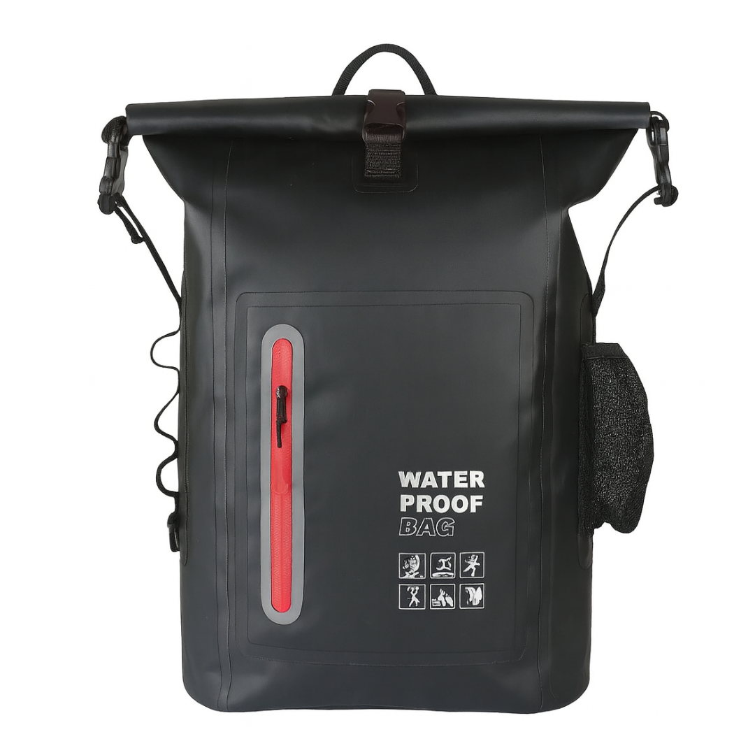 30L waterproof dry bag backpack made of heavy-duty PVC. Perfect for kayaking, boating, swimming, camping & beach trips. Keeps gear safe & dry